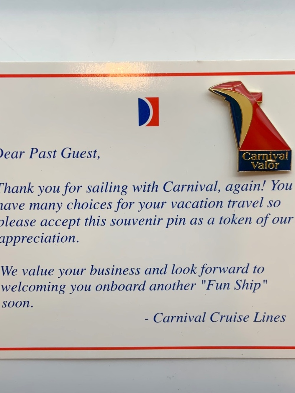 VTG Carnival Cruise Lines Carnival Valor Collectible Lapel Pin and Card
